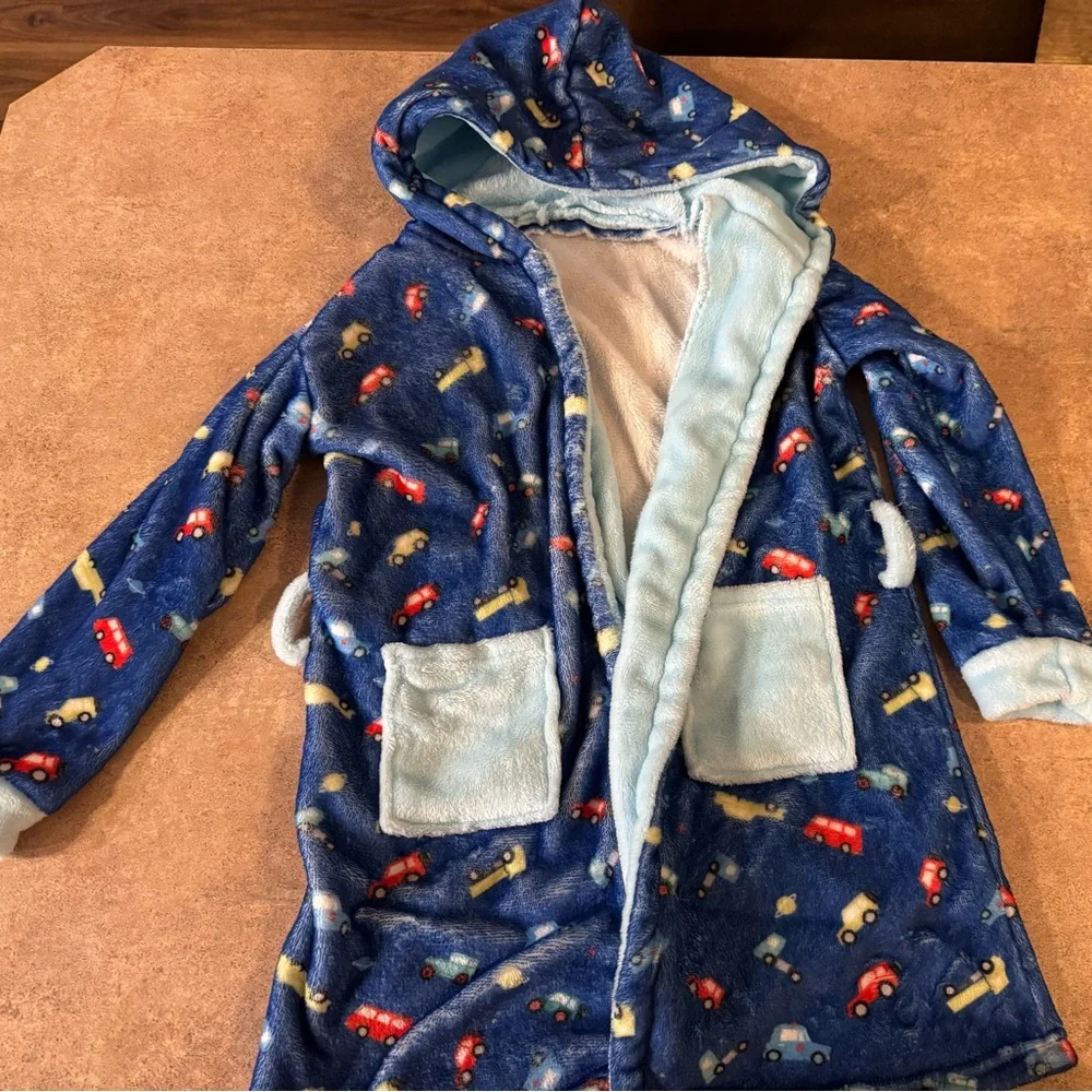Kids Cozy Blue Hooded Robe with Car Print, Size 6/7